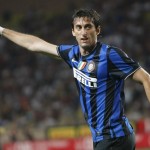 Inter Milan's Diego Milito celebrates after scoring against Monaco during a friendly soccer match at Louis II stadium in Monaco