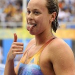 Pellegrini of Italy celebrates winning the gold medal in the women's 200 meters freestyle swimming final at the Beijing 2008 Olympic Games