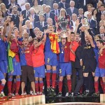 Barcelona's Carlos Puyol lifts the trophy after their Champions League final soccer match victory against Manchester United at the Olympic Stadium in Rome