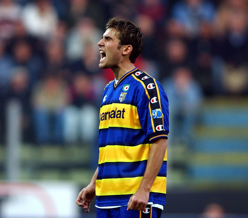 Adrian Mutu of Parma celebrates scoring