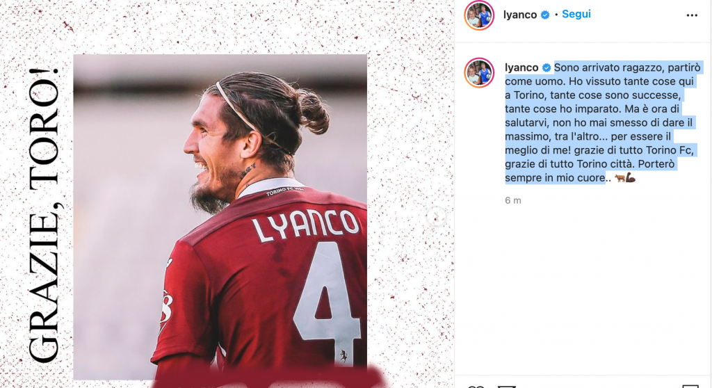 Lyanco saluta i tifosi granata sui social (foto tratta da Instagram)