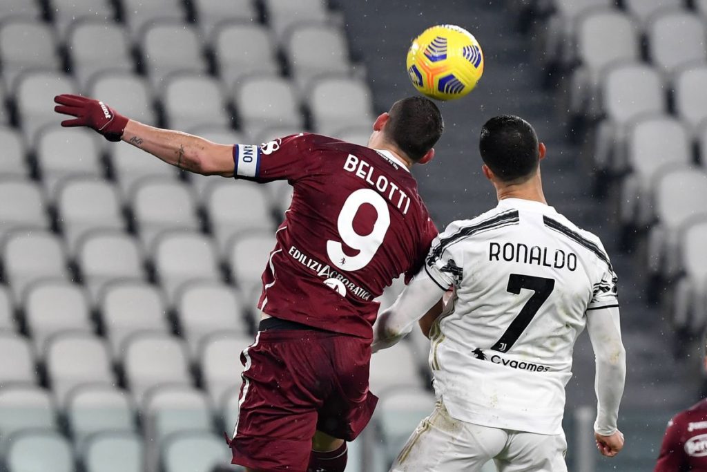 Andrea Belotti of Torino FC and Cristiano Ronaldo of Juventus FC compete for the ball during the Serie A football match