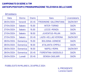 Serie A 2023/2024 giornata 34 anticipi e posticipi