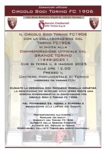 Comunicato ufficiale 4 maggio Circolo Soci Torino FC 1906