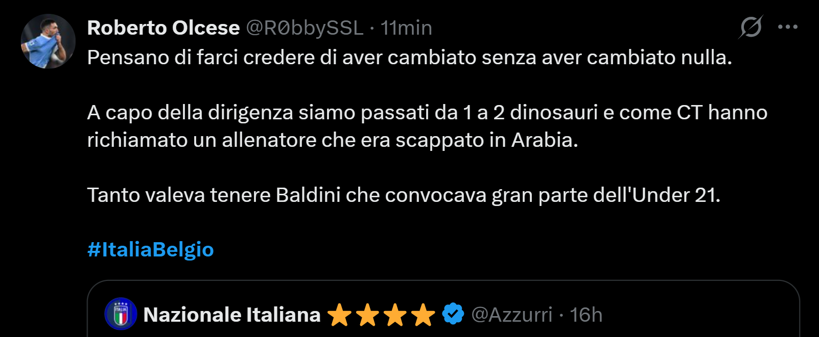 Italia-Belgio 0-2, le reazioni social: “L’Italia non esiste più”