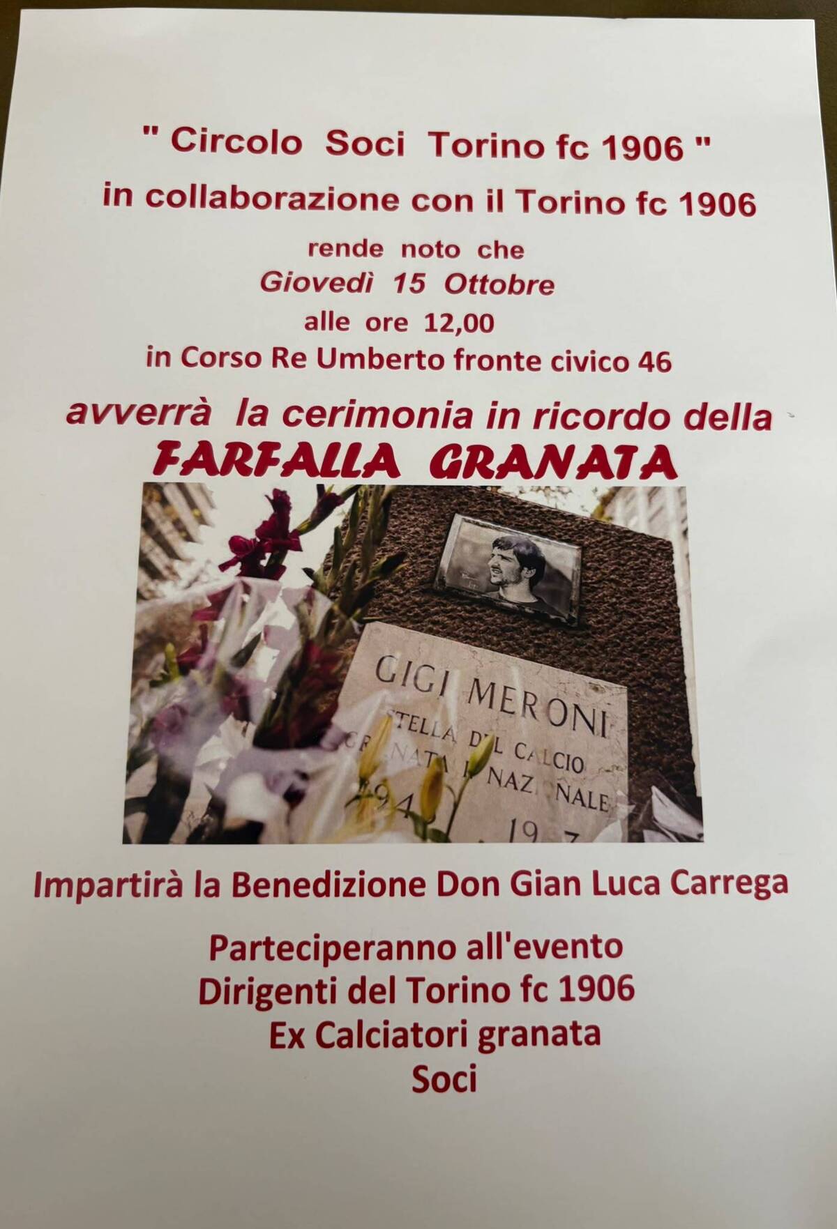 Locandina cerimonia in ricordo della scomparsa di Gigi Meroni