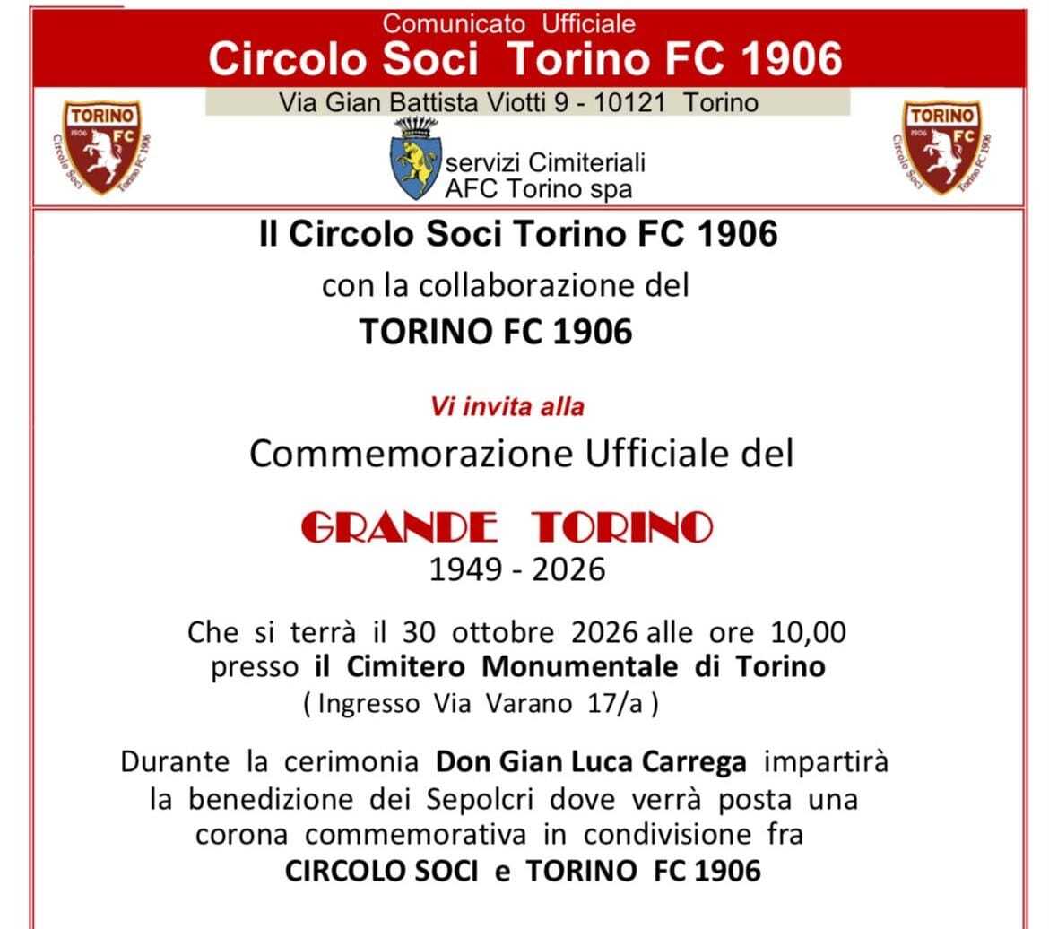 Il Circolo Soci Torino Fc 1906 ricorda gli Invincibili: il 30 ottobre la commemorazione